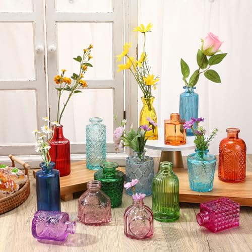 Yaomiao 30 Pcs Vases Bulk Colored Flower Glass Bud Vases Valentine Vintage Colored Glass Bottles Colorful Rustic Embossed for Home Wedding Table Decorations Gifts(Bright Color) - color: Bright Color