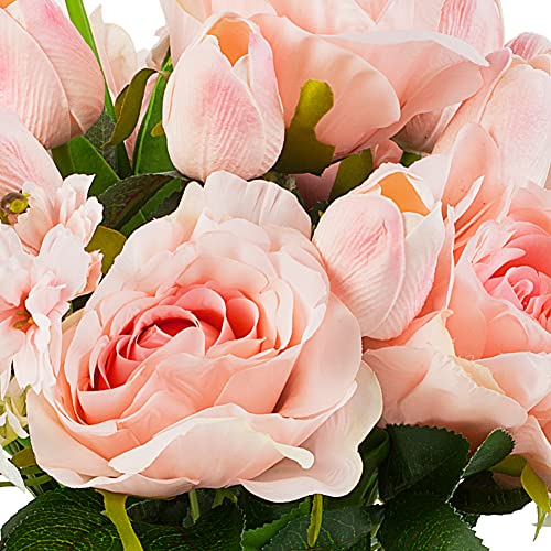 ENOVA FLORAL Pink Tulip Artificial Real Touch Flowers in Vase, Mixed Fake Tulips Fake Flowers and Silk Rose Artificial Flowers with Vase for Dining Table Decoration (Pink) - color: T& Rose Pink