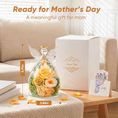 Preserved Rose in Glass Angel Figurine, Mothers Day Gifts for Mom/Wife/Grandma, Forever Flowers Rose Anniversary, Graduation or Birthday Gifts for Women Her - color: Champagne