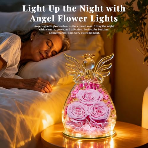Beferr Gifts for Mom Birthday Gifts for Women, Fresh Flowers for Delivery Forever Preserved Rose in Glass Angel Figurine, Anniversary Christian Real Rose for Grandma Wife Mother from Daughter Son - color: B Light Pink