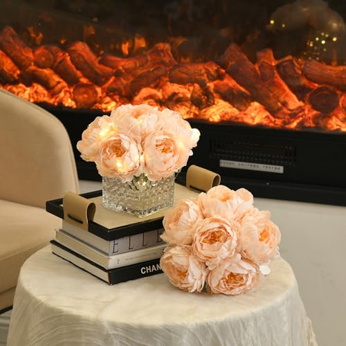 Artificial Peony Silk Flower Centerpieces with LED Light Faux Floral Arrangement in Glass Vase for Home Wedding Table Decoration (Blush Peach) - color: Light-blush Peach
