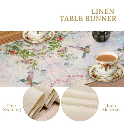 Hummingbird Floral Table Runner,Spring Vintage Flower Plant Print Table Runner for Holiday Kitchen Living Room Home Party Decor 13x36 Inch - color: Hummingbird-5, size: 13x36in