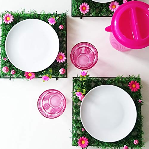 Artificial Grass Place Mat Set of 4 | Flower Table Mats for Tea Party, Garden Party, Kids Birthday, Fairy & Unicorn Decorations | 10x10 Inch Green Placemats