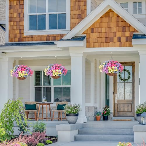 Artificial Fake Hanging Flowers Baskets for Outdoors Faux Plants Spring Outside Decor, UV Resistant Silk Morning Glory Flowers in Planter Realistic Petunias for Outdoor Porch Patio Garden Yard Home - color: B 4 Multicolor
