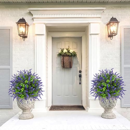 ENVEN Artificial Topiary Ball Tree Outdoor Plants with Ground Spike 22"- UV Resistant Faux Shrubs, Eucalyptus Fake Plants for Indoor & Garden, Yard, Porch, Patio Decor (Green Purple) - color: Green Purple