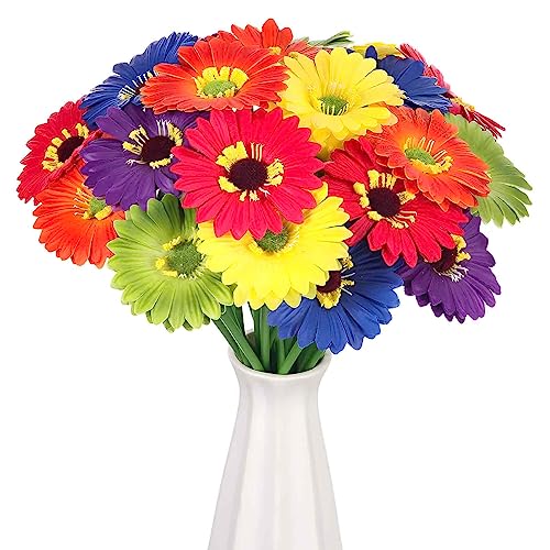 Zeyune 24 Pcs Artificial Gerbera Daisy Flowers Bulk 3.54 Inch Mexican African Daisy Faux Flowers with 9.84 Inch Stems Multicolor Artificial Gerbera Daisies for Wedding Party Kitchen Garden Decor