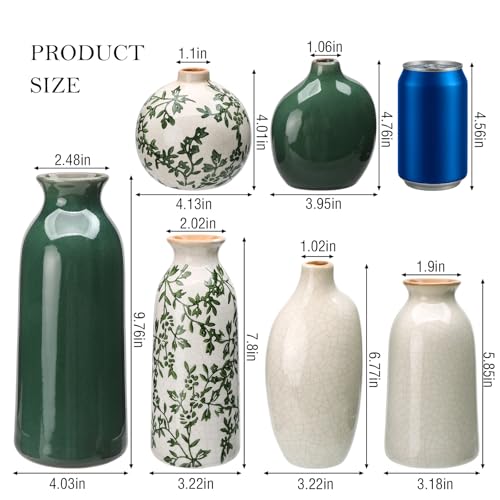 Ceramic Vase Set of 6，Flower Vases for Bouquet，Small Vases for Pampas Grass Dried Flowers，Vintage Vase for Centerpieces，Chinoiserie Decor，Shelf Decor, Table, Living Room Bedroom- Green and Beige