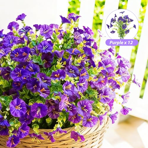 BSGlobal 12 Bundles Artificial Flowers for Outdoors Decoration, Faux Silk Morning Glory Flowers UV Resistant Fake Eucalyptus Plants for Spring Summer Garden Patio Home Decor (Purple) - color: Purple