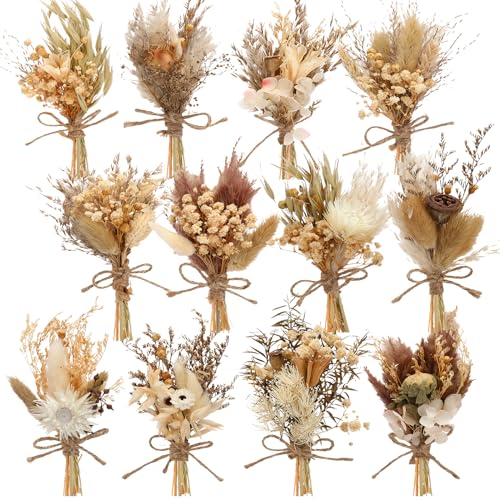 Layhit 12 Pcs Boho Dried Flower Bouquet Mini Wedding Handmade Dry Flowers Decor for Vase Crafts DIY Photo Boutonniere for Men Floral Plant for Bridesmaid Gift Birthday Decor(Rustic) - style: Rustic
