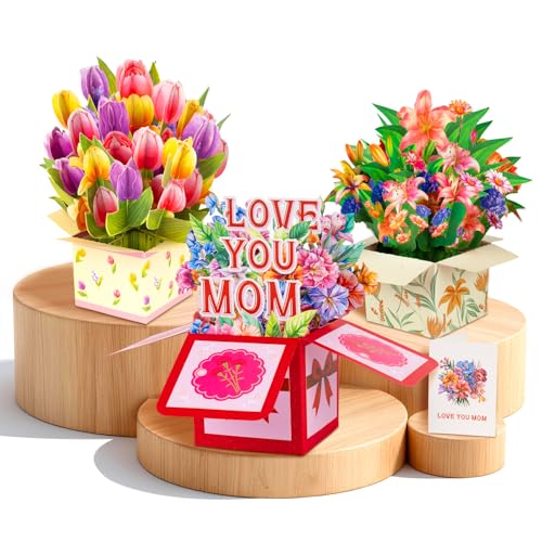 Pop Up Flower Cards That Last Forever – 3D Mothers Day Card Set 3 Pack with Love You Mom Tulip Lily Paper Bouquet – Birthday Thank You Anniversary Cards for Mom Wife Grandma – Envelopes Included - style: Love You Mom Tulip Lily