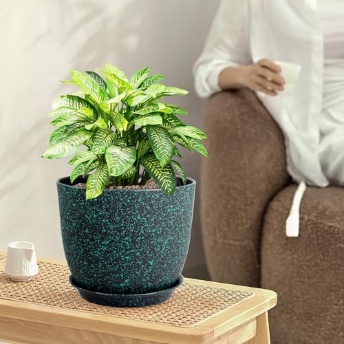 WSMKSZ Large Flower Pots 12/10/9 inch, Set of 3 Decorative Plastic Planters with Drainage Holes and Saucers for Garden House Plants, Plant Pots for Indoor Outdoor Plants, Black with Green Speckles - color: Black With Green Speckles, size: 12"+10"+9"