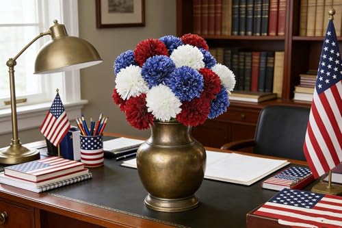Kimura's Cabin 21Pcs Chrysanthemum Patriotic Flower 4th of July Artificial Flowers Faux Silk Mums with Stem Balls Flowers for Home Table Centerpieces DIY Decor Memorial Day Decoratio Red White Blue - color: Red White Blue