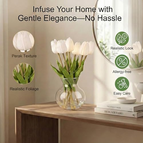 Realistic Fake Flowers Artificial Tulip Arrangement with Glass Vase, Adjustable Stems, for Home Living Room Table Office Wedding Decoration（Pinkish-White） - color: Pinkish-white