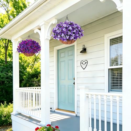 Artificial Hanging Flowers Plant with Basket for Outdoors Spring Decor, Fake Hanging Plants Faux Bougainvillea in Planter Look Real UV Resistant Silk Flowers for Outside Porch Patio Garden Home, Mix - color: Dark Purple + Fuchsia
