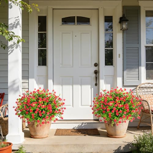Ouddy Decor 24 Bundles Artificial Flowers for Outdoors Decoration Fake Flowers UV Resistant Faux Plastic Greenery Eucalyptus Plants for Spring Summer Garden Patio Indoor Outdoor Home Decor, Red - color: Red