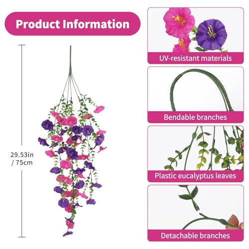 Artificial Hanging Flowers for Outdoors, 6PCS Silk Morning Glory Artificial Flowers, UV Resistant Fake Flower Realistic Faux Plants for Home Patio Porch Garden Basket Decor (Purple+Fuchsia) - color: Purple+fuchsia