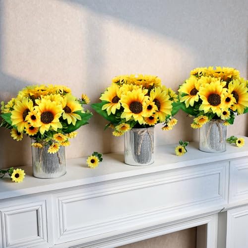 Artificial Sunflower Table Centerpieces - Set of 6 Faux Spring Summer Sunflowers Arrangements with Rustic Metal Vase for Kitchen Office Bathroom Home Farmhouse Wedding Party Decorations - color: Yellow