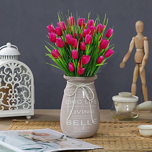 8 Bundles Outdoor Artificial Tulips Fake Flowers UV Resistant Faux Plastic Greenery Shrubs Plants for Home Outside Garden Porch Window Farmhouse Decor (Rose Red) - color: Rose Red