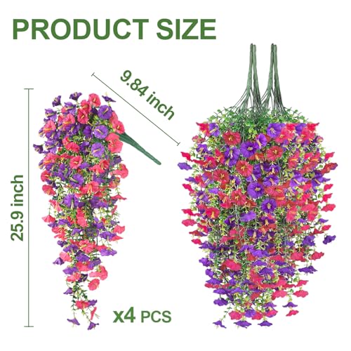 4PCS Artificial Hanging Flowers for Outdoors, 600 Blooms UV Resistant Morning Glory Vine Fake Flowers with Eucalyptus, Realistic Silk Faux Hanging Plants Decorations for Planter (Rose Red and Purple) - color: Rose Red and Purple, size: 4PCS