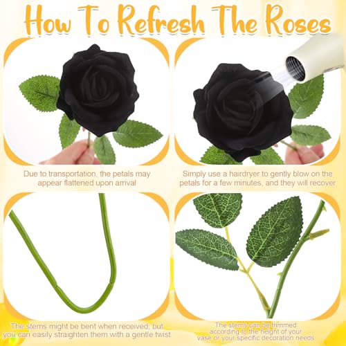 90 Pcs Gold, Black Velvet Rose Artificial Flowers with Long Stems, Fake Silk Roses Real Touch Fake Roses Florals for Birthday Wedding Bouquet Party Arrangement Decorations - color: Gold, Black