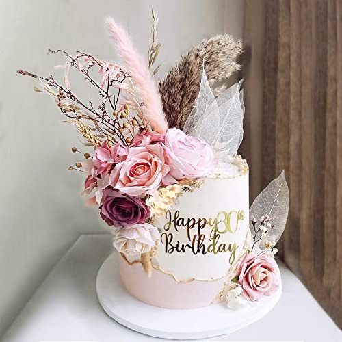Natural Boho Cake Topper Vintage Artificial Flowers Leaves Various Dried Pampas Grass Cake Decor for Wedding Bridal Birthday Party Supplies (Pink) - color: Pink