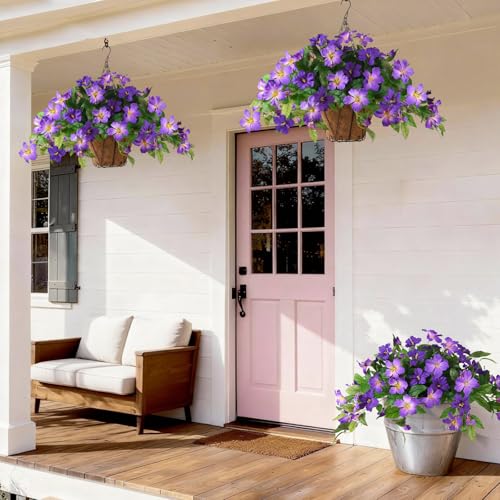 Homsunny Artficial Fake Hanging Flowers Plants with Baskets, 3PCS Silk Faux Outdoor Flowers UV Resistant Real Touch Plastic Flowers for Spring Garden and Home Patio Yard Decor (Double Purple) - color: Deep Purple+ Light Purple With Basket