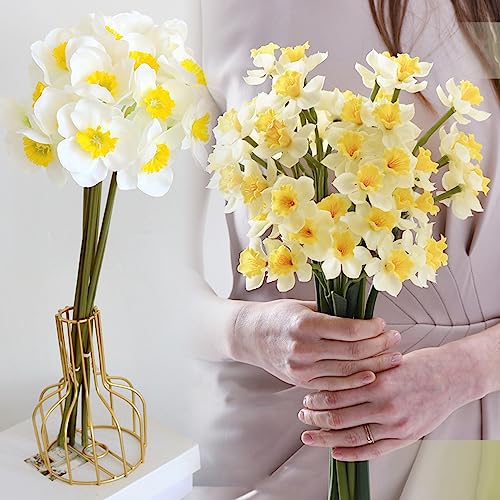 6 Stems Daffodils Artificial Flowers, 15 inch Artificial Daffodils that Look Real, White Faux Daffodil Bouquet, Silk Narcissus Fake Flowers for Home Office Floral Arrangement, Wedding Party Decor