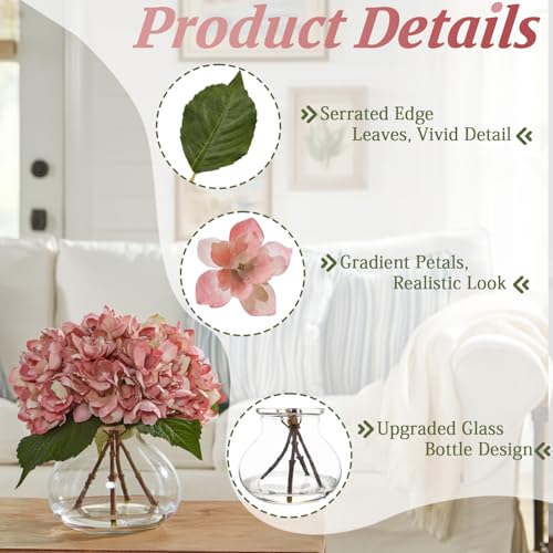 Light Pink Artificial Hydrangea Flowers with Glass Vase, Faux Floral Arrangements with Fake Water, Lifelike Hydrangeas Table Centerpieces for Dining Room, Coffee Table, Bathroom Decor - color: D-light Pink