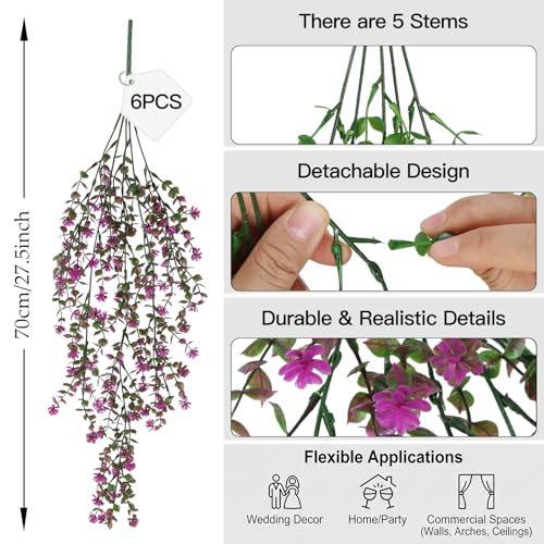 6PCs Artificial Hanging Eucalyptus Flowers for Outdoors Fuchsia Faux Hanging Plants UV Resistant Fake Vines Plants for Home Porch Patio Garden Front Porch Summer Decor(Fuchsia) - color: Fuchsia
