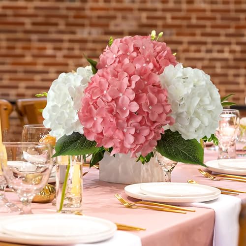 JINWOE 5Pcs 20Inch Large Pink Silk Hydrangea, Cameo Brown Lifelike Artificial Flower Heads with Stems Fake Hydrangeas Flowers for DIY Wedding Baby Showers Centerpiece Home Decor - color: Bean Paste Pink