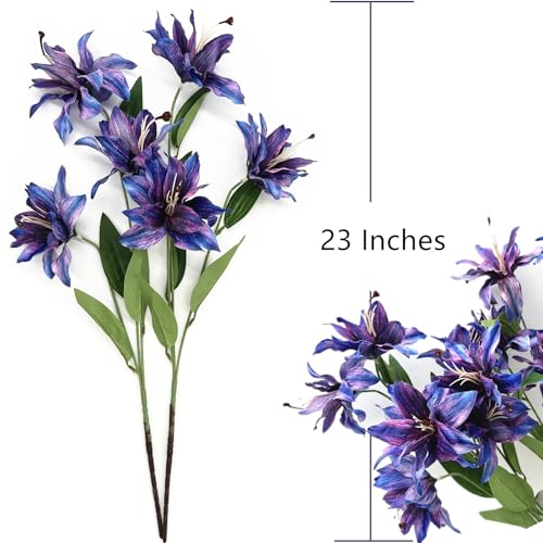 Artificial Lily Flowers, Vintage Fake Silk Flower Long Stems 4 Pack, Faux Stargazer Lilies Real Touch Tiger Bouquets for Indoor Outdoor Decor Wedding Party Floral Arrangement DIY Decorations - Purple - color: Lily Silk Flowers / Purple 4 Pack