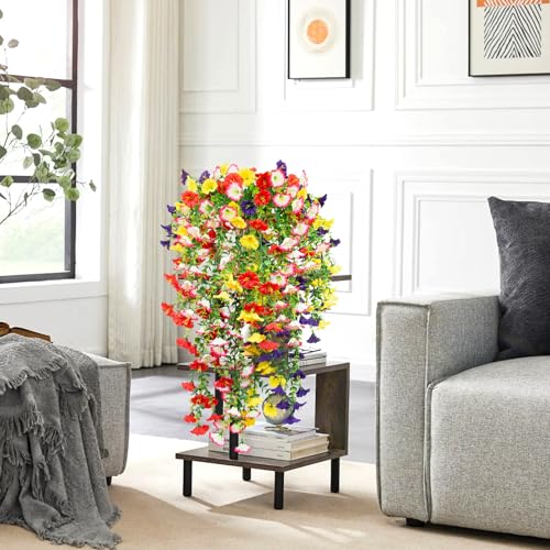 4 Pack Artificial Faux Hanging Flowers Plant for Outdoor, Fake Silk Morning Glory with Eucalyptus UV Resistant Realistic Trailing Vine for Wall Home Porch Patio Balcony Yard Indoor Decor, Mix Color - color: Mix Color