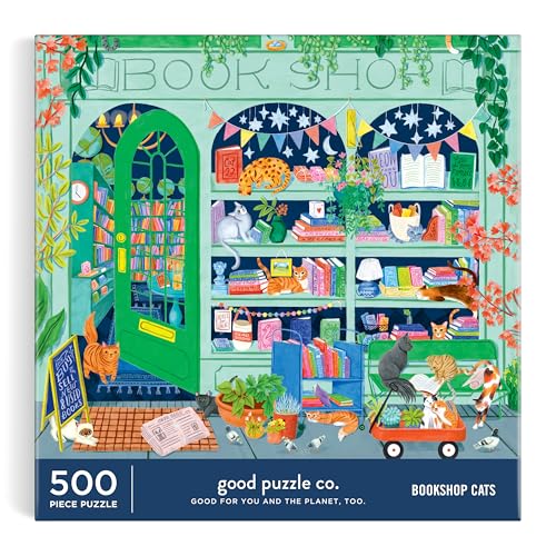 Good Puzzle Co Bookshop Cats – 500 Piece Jigsaw Puzzle Featuring Beautiful Artwork of A Cozy Bookshop Storefront with Cats - color: Bookshop Cats