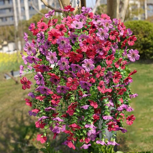 HyeFlora Artificial Hanging Flowers Basket for Outdoor, Fake Flowers Faux Plants Look Real for Yard Gardens Porch Patio Home (Purple+Hotpink) - color: Purple+hotpink