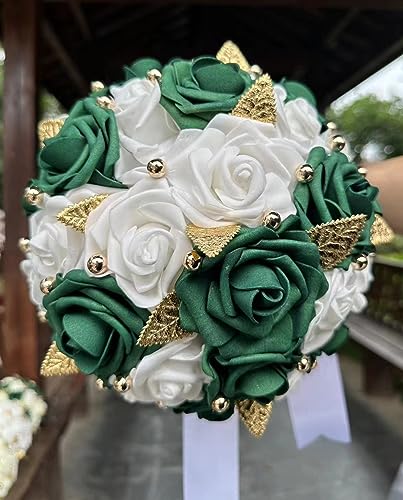 Artificial PE Rose Bridal Bouquet (A-Emerald Green & White, 6.7"/17cm, 1 Count, Classic Style, Rose Variety, Wedding And Engagement) - color: A-emerald Green & White, size: 6.7"/17cm