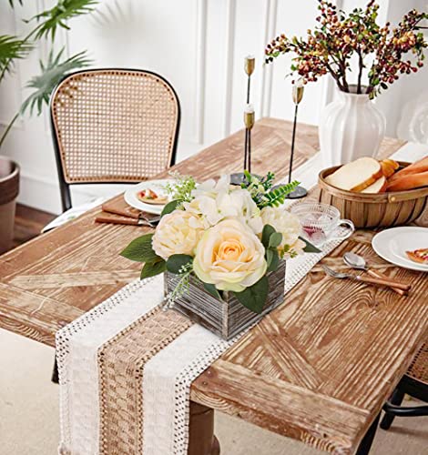DILATATA Flower Arrangement with Wooden Vase 8" Artificial Flowers in Pot - Fake Flowers Roses Peonies Hydrangeas in Wooden Vase Potted Flower Centerpieces for Table Decor - Pale Yellow - color: 8"h Pale Yellow