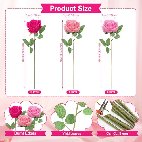 24 Pcs Hot Pink, Light Pink Rose Artificial Flowers with Long Stem Real Touch Silk Roses Bulk for Wedding, Party, Table Centerpieces Bouquet, Bridal, Home Decor - color: Hot Pink, Light Pink, Pink