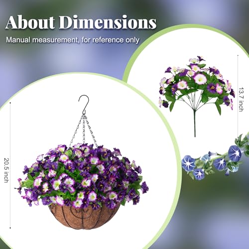 Ammyoo Artificial Hanging Flowers 12 inch Basket, Faux Silk Petunias Flower Arrangement,Coconut Lining Pot Planter with Morning Glories Patio Garden Porch Deck Spring Summer Decor(Purple Edge) - color: Purple Edge