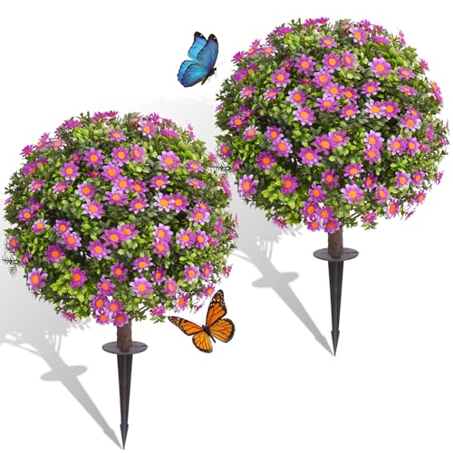 24" Artificial Purple Daisy Topiary Ball Trees with Dense Blooms, Set of 2 Fake Plants with Ground Spike, UV Resistant Faux Evergreen Shrubs for Outdoor Spring Garden Front Porch Decor - color: Purple Daisy