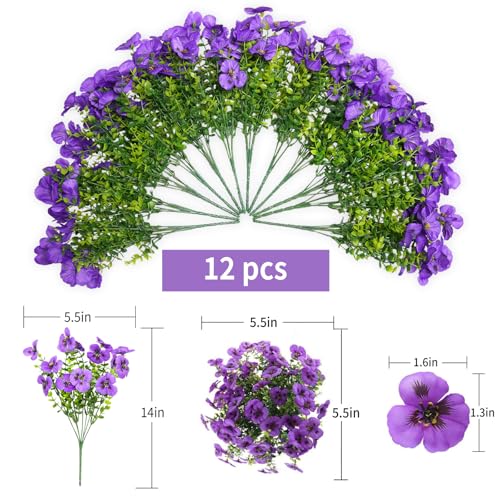 SupBri 12 Bundles Artificial Flowers for Outdoor, UV Resistant Fake Pansy Flowers, Silk Faux Fowers for Outdoor Planters Home Garden Office Patio Front (Purple) - color: Purple