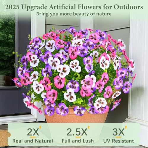MARTINE MALL 18 Bundles Look Real Artificial Flowers for Outdoors, Realistic Fake Outdoor Flowers UV Resistant Silk Pansy Flower for Outside Faux Flower Plant for Outdoor Porch Yard, Pink+Purple+White - color: Pink+purple+white, size: 18 Bundles