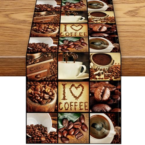 Coffee Theme Table Runner, Rustic Coffee Time Cafe Cup Latte Cappuccino Tea Bean Drinks Vintage Table Center Decor for Family Kitchen Farmhouse Holiday Party Table Decorations,, 13"x36" - color: Coffee-10, size: 13“ X 36"