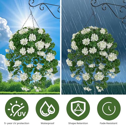 Artificial Geraniums Flowers with Hanging Baskets for Outdoors, Realistic White Geraniums Flowers Vines Artificial Hanging Planters for Indoor Outdoor Patio Porch - color: White, size: Large