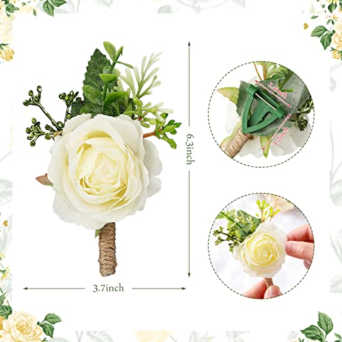 Sherr 12 Pcs Rose Boutonniere for Men Wedding Corsage Rose Groom and Groomsmen Boutonniere with Artificial Flower for Rustic Vintage Wedding Ceremony Anniversary Dinner Prom Party (White) - color: White