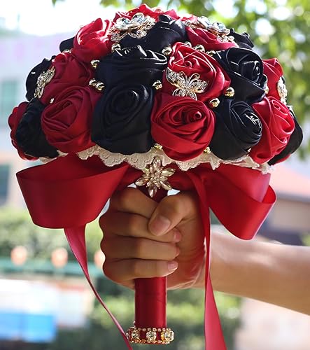 Sharebeauty 7.1" Handmade Satin Rose Bridal Bouquet Toss Round Wedding Bouquet Throw Toss Artificial Flower Bunch Ruby Red + Black - color: 809a Ruby Red/Black, size: 7.1"/18cm
