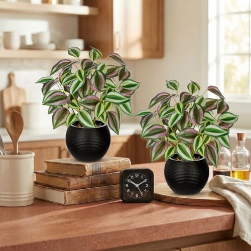 2 Packs Artificial Plants in Black Pot, 12" Faux Plant | Realistic Tradescantia Zebrina Fake Plants Potted Decorative for Home Kitchen Office Desk Bookshelf Decor - color: Purple-green