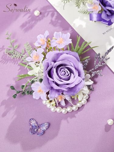 Serwalin 6 PCS Purple Wrist Corsage for Wedding, Corsages Wristlet for Bride Bridesmaid Mother Grandmother Girl, Artificial Flowers for Prom Ceremony Homecoming Anniversary - color: Purple, size: Corsage 6pcs