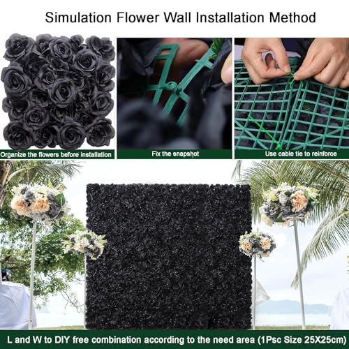 Black Silk Rose Flower Panels Wall, 12 Pcs Artificial Flowers Decoration for Welcome Table, Party, Anniversary, Church Wall, Stage Background, 25x25cm