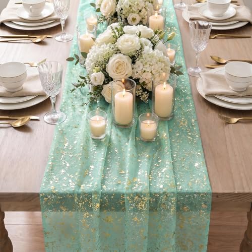 Artoid Mode Turquoise Gauze Silver Table Runner 10FT, Glitter Metallic Foil Sheer Dining Wedding Anniversary Holiday Table Decor for Home Party - color: Turquoise, size: 28" x 120"