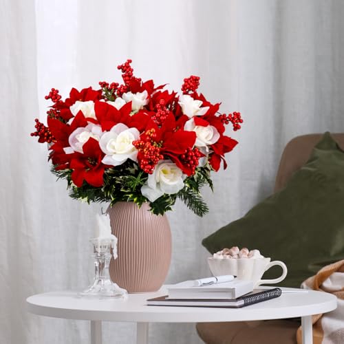 2 Pcs 20 Inch Artificial Red Poinsettia White Rose bouquet with Berry Pine Branch 12 Stems Velvet Faux Poinsettia Floral for Vases Wreaths Garland Indoor Outdoor Christmas Tree Home Decorations - color: Red